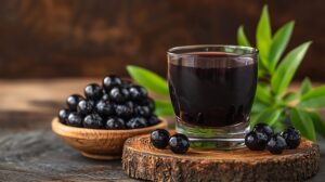A Refreshing Glass of Acai Juice with Fresh Acai Berries.