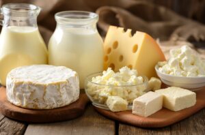 Assorted dairy products on table
