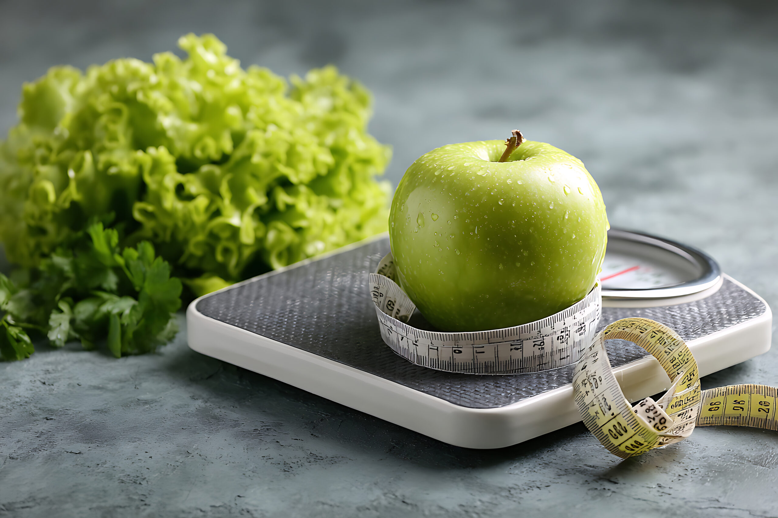 A fresh green apple with a measuring tape sits on a bathroom scale