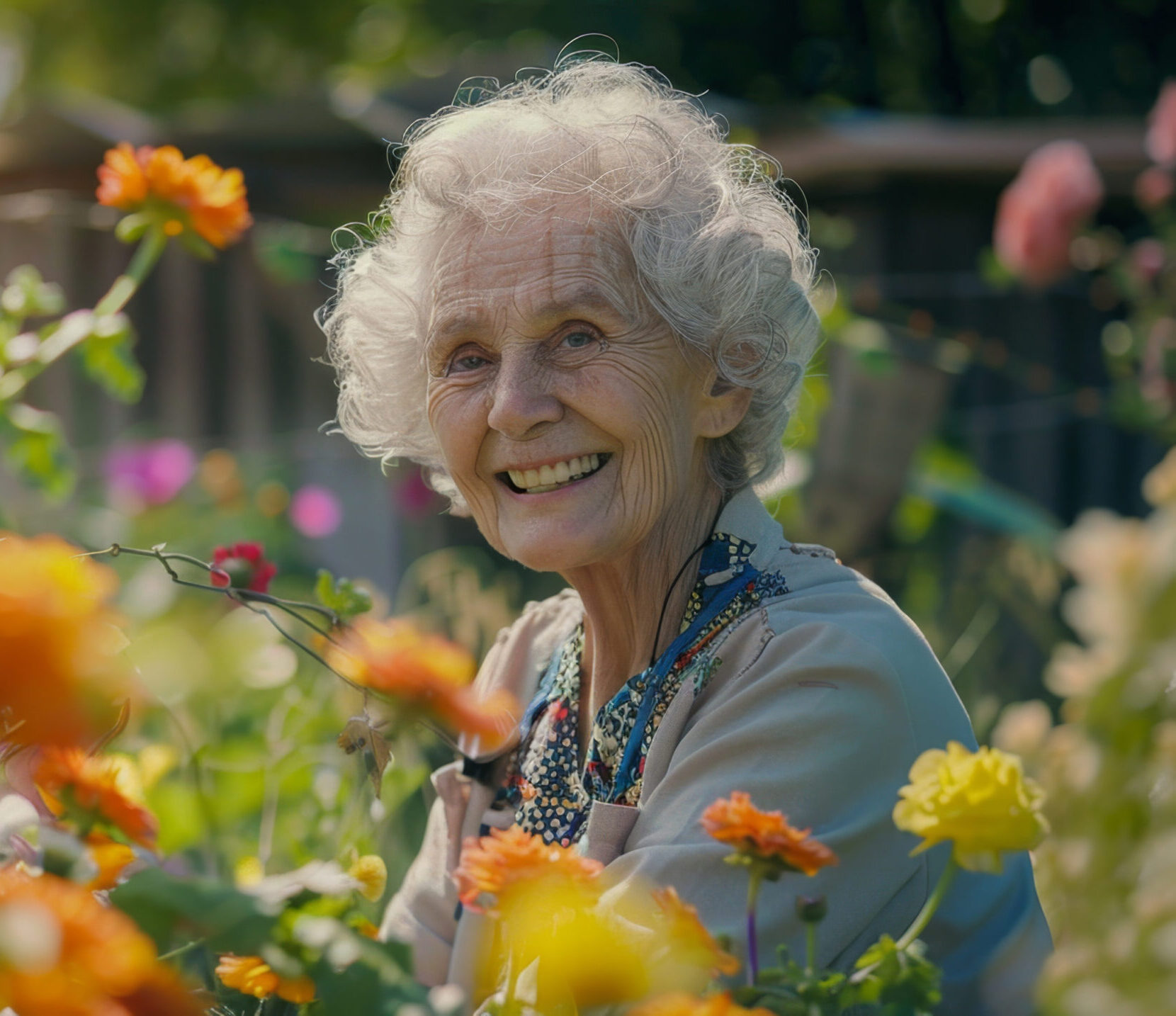 Elderly woman enjoying colorful garden flowers on a sunny day