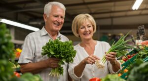 Happy Senior Couple Shopping for Fresh Vegetables