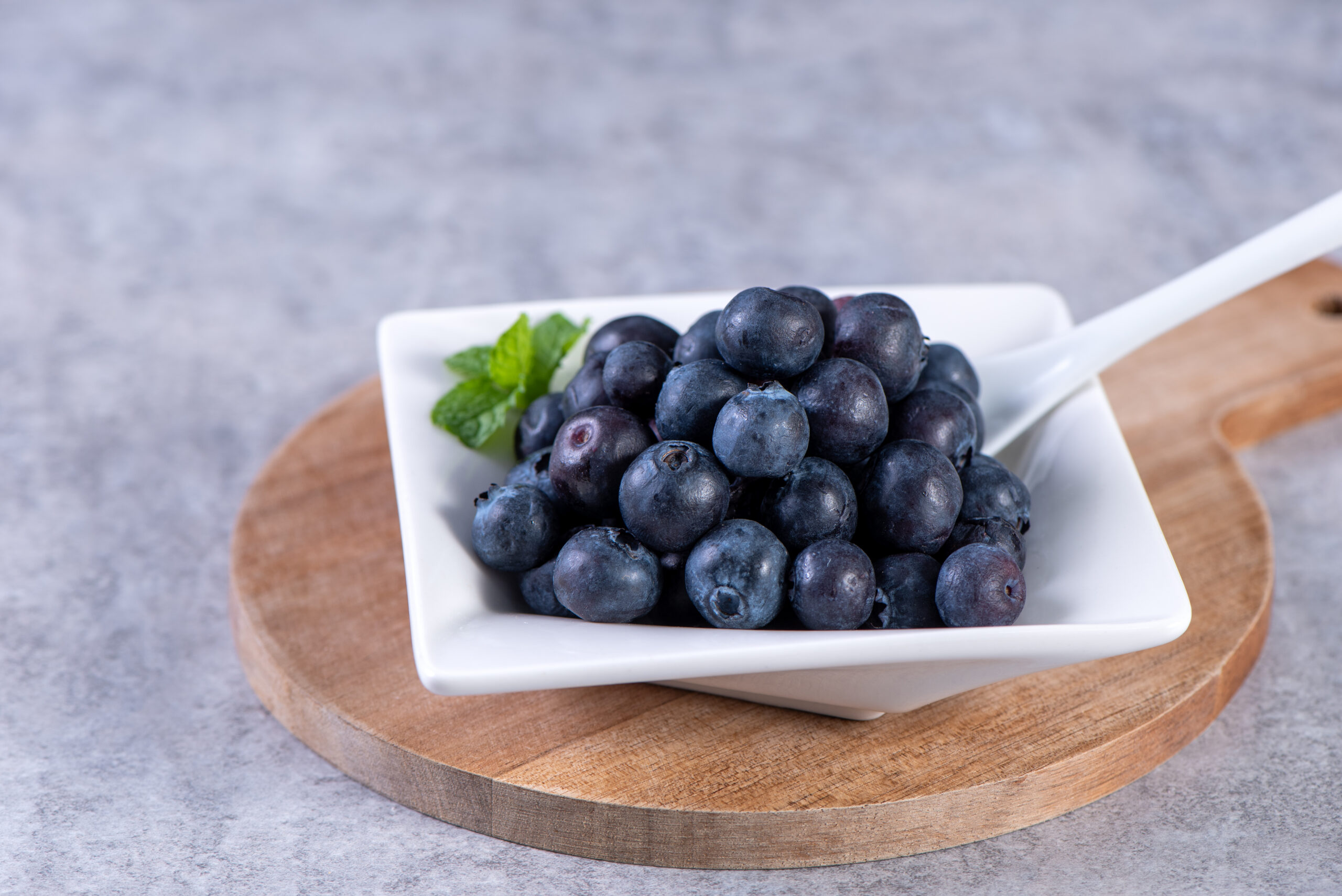 Pile of blueberry fruit in a bowl plate on a tray over gray cement concrete background, close up, healthy eating design concept.