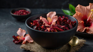 hibiscus petals in black bowl