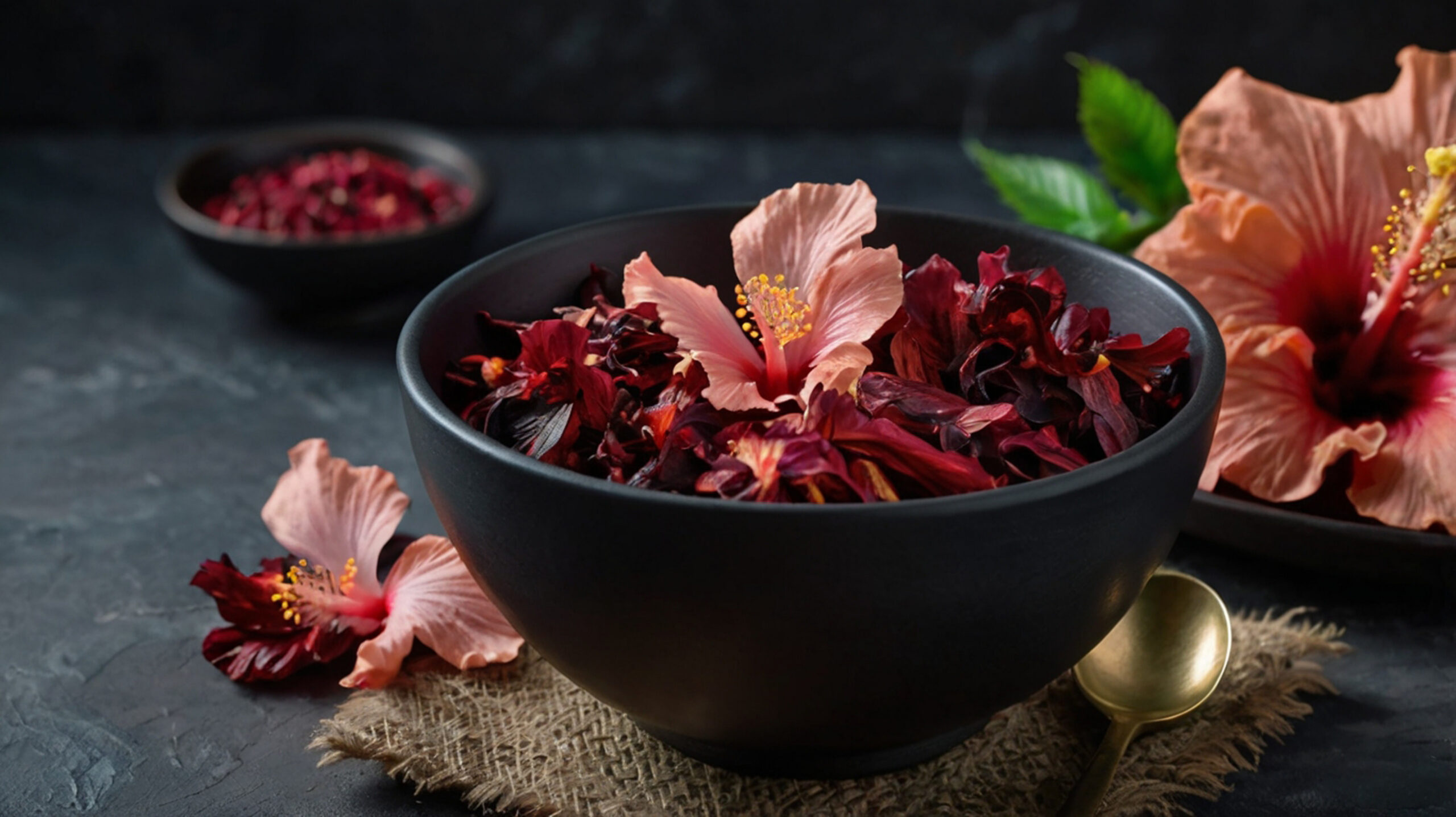 hibiscus petals in black bowl