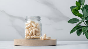 supplements in a glass bottle