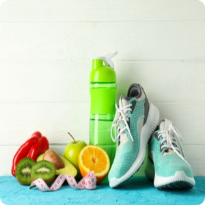 healthy foods, running shoes and water bottle